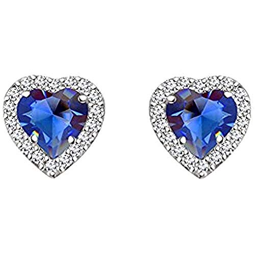 Heart Cut Created Gemstone Cluster Stud Earring Screw Back Halo Earring For Women's & Girl's 14K White Gold Plated 925 Sterling Silver (Created-Blue Sapphire)