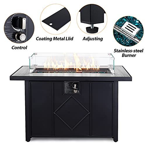 AVAWING-Propane-Fire-Pit-Table-42-inch-50000-BTU-Rectangular-Gas-Fire-Pit-Table-wGlass-Wind-Guard-Table-Lid-Fire-Glass-Waterproof-Cover-Outdoor-Gas-Fire-Pit-for-Garden-Patio-Backyard-Black