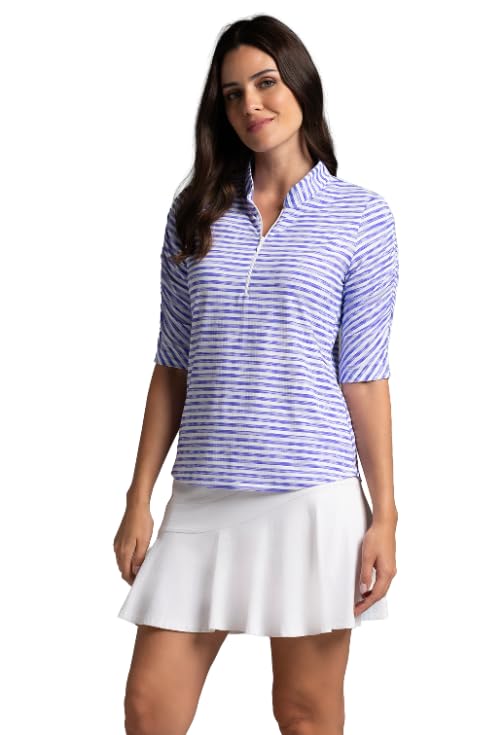 IBKUL Athleisure Wear Sun Protective UPF 50+ Icefil Cooling-Landon Stripe II Print Ruched Elbow Sleeve Top-41164 Lavender/White/Landon Stripe II/XXL