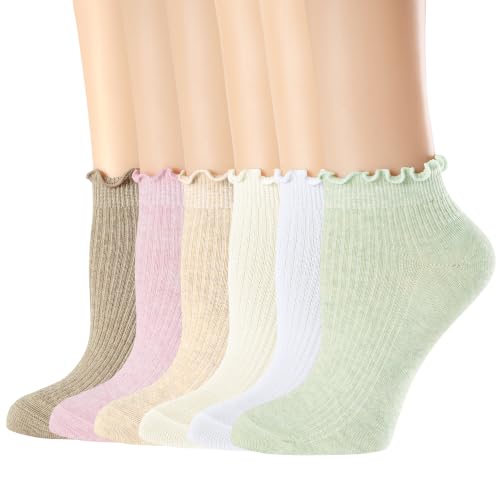 Image of Mcool Mary Womens Ankle Ruffle Socks Casual Cotton Frilly Breathable Cute Knit Lettuce Trim No Show Socks 6 Pack