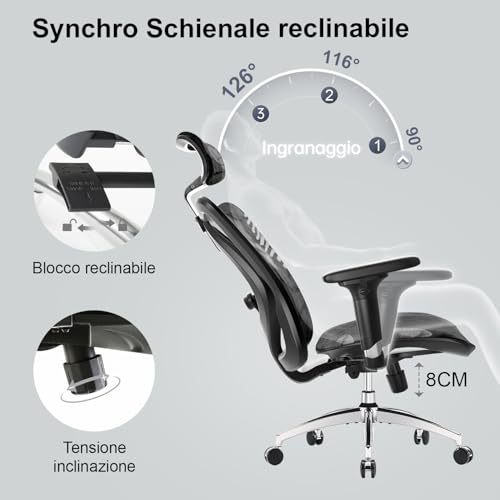 Sedia ergonomica da ufficio per computer schienale alto regolabile 3D traspirante con braccioli e supporto lombare moderno - Sedia gaming - Immagine 7
