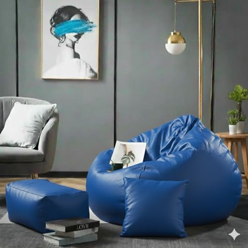 Image of Luxury 5XL Jumbo Bean Bag with Footrest & Cushion | Premium Leatherette | High-Density Beans Filled | Heavy Duty Double Stitch | 6 Months Warranty Color- (Navy Blue) (Royal Blue)