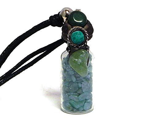 Mia Jewel Shop Healing Chip Stone Glass Wishing Bottle Tumbled Gemstone Crystal Pendant Chrysocolla Adjustable Necklace - Womens Fashion Handmade Jewelry Boho Accessories (Amazonite/Green Agate)