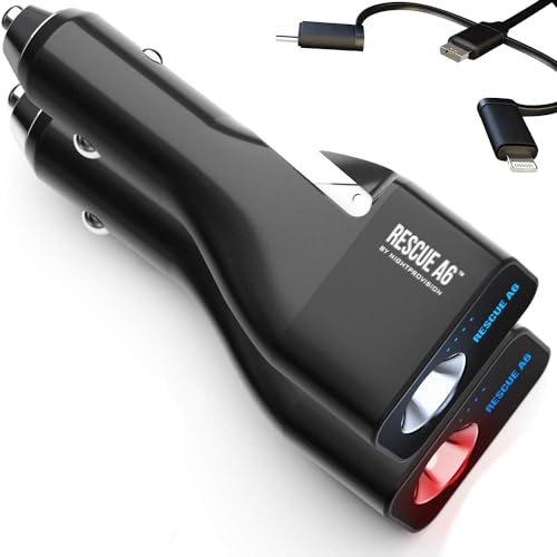 Rescue A6 Emergency 6-in1 Car Crash Safety Device USB Car Charger Window Breaker Seat Belt Cutter 2200mAh Power Bank Powerful LED Flashlight (Ver 2.0) (2 Pack)