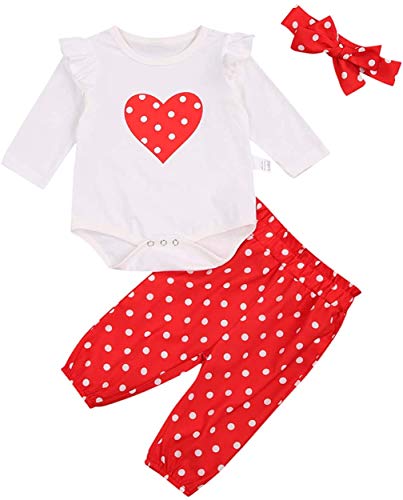 3Pcs Infant Baby Girl Valentine's Day Clothes Love Heart Print Romper Bodysuit Pants Set with Headband Outfits (Red Dot, 6-9 Months)