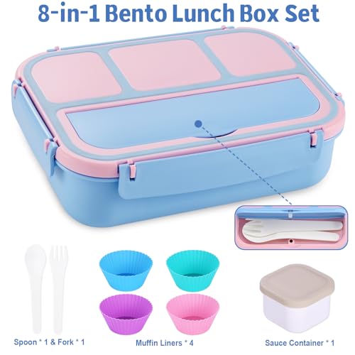 Image of shell and turtle Bento Box Adult Lunch Box, Lunch Containers for Kids Girls Boys with 4 Compartments, Lunchable Food Container with Utensils, Sauce Jar, Muffin Liners, 40 Oz /5 Cup, Blue Pink
