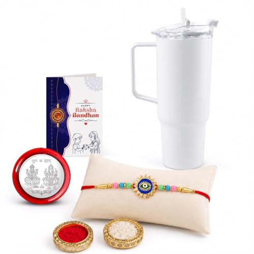 Image of DeoDap Rakhi for Brother - Evil Eye Design Rakhi with Stylish Travel Tumbler 1800 ML, Silver Colour Pooja Coin, Greeting Card & Tilak Set - Traditional Raksha Bandhan Gift Combo (Pack of 5)