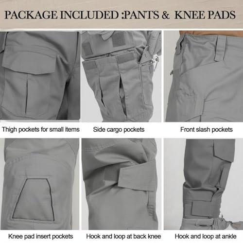 MERJAZ Men’s Tactical Pants with Knee Pads Waterproof G3 Combat Pants Camo Cargo Pants with 10 Pockets No Belt Gray 34 - Thumbnail 3