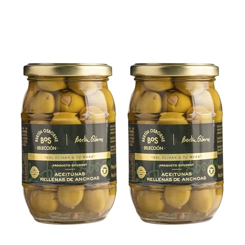 Aceitunas Rellenas de Anchoa - 2 x 370g - Sabor Intenso y Equilibrado - BOS Selección by Bertín Osborne - Aperitivo Tradicional Español