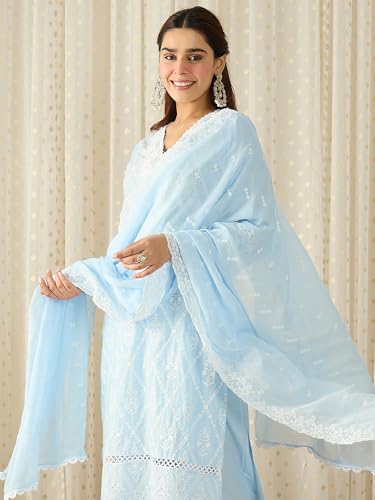 Image of INDO ERA Women's White Viscose Rayon Straight Embroidered Kurta