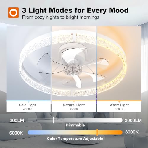 Image of addlon Ceiling Fans with Lights and Remote, 24'' Low Profile Flush Mount Ceiling Fan, 3000-6000K Dimmable LED Fandelier, Bladeless Crystal Fan Light for Bedroom, Kitchen, Living Room, White