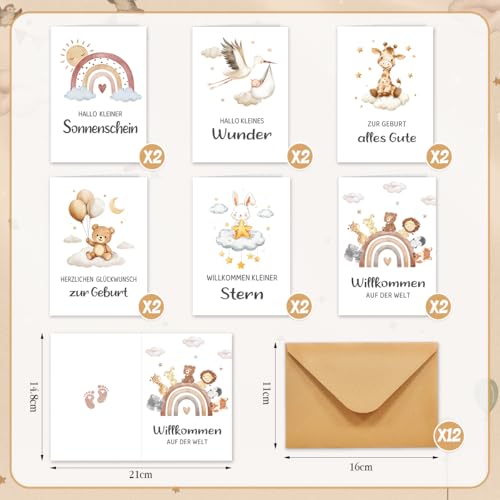 Karte zur Geburt mit Umschlägen 12er Set, A6 Klappkarten Babykarten, Aquarell Glückwunschkarte Geburt für Mädchen & Jungen, Baby Karte Geburt Mit Blanko Innenseite, Babygeschenke