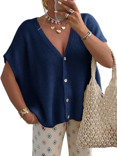 Image of Saodimallsu Womens Summer Oversized Cardigans Batwing Short Sleeve Lightweight Button V Neck Casual Knit Sweater Tops