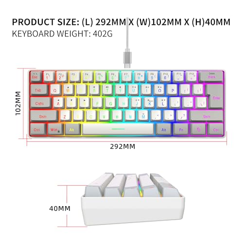 Snpurdiri 60% Wired Gaming Keyboard, 61 Keys RGB Backlit Small Gaming Keyboard for PC/Mac Gamer, Typist, Travel, Easy to Carry on Business Trip(Grey-White) - Thumbnail 5