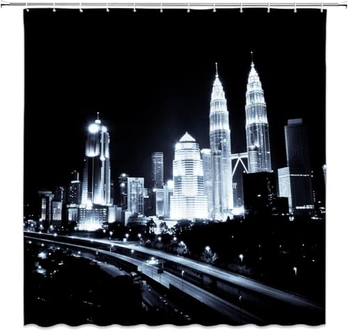 Duschvorhang 150x200 Anti-Schimmel Stadt Nachtlandschaft Duschvorhänge Wasserdicht Waschbar Polyester Textil Badezimmer Vorhang Architektur Städte 3D Shower Curtain A-1067