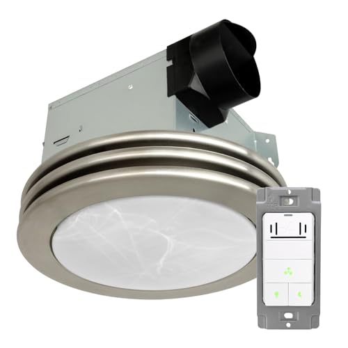 Extractor de baño Akicon ultra silencioso con luz, ventilador y interruptor de humedad, 80 CFM, 2.0 sones, ventilación redonda con tapa de vidrio esmerilado acabado níquel cepillado miniatura 1