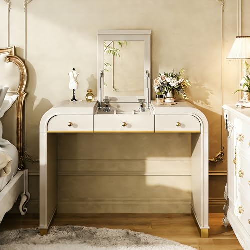 Image of JIVOIT Vintage Vanity Desk with Flip Mirror, Flip-Top Mirror with Hidden Storage, 3-in-1 Wood Dressing Table with 2 Drawers and Storage Space, Easy Assembly (Champagne,44)