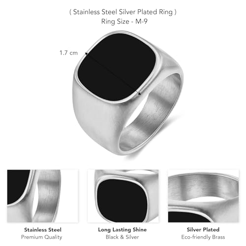 Image of Peora Silver Plated Stainless Steel Black Stone Studded Fancy Signet Ring for Men (US 9)