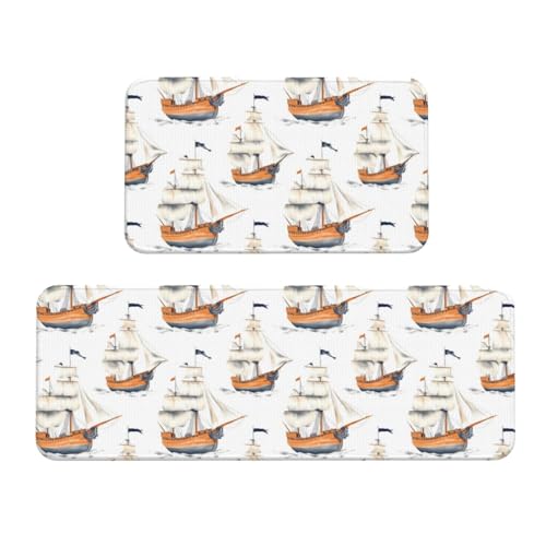GVYGVY Antifatigue Kitchen Mats for Floor 2 Piece - White Sailboat Print Kitchen Rugs Washable, Non Slip Runner Rug Standing Mat for Office/Bathroom/Laundry/Home Decor and Accessories
