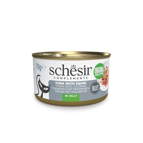 Schesir, Filetes de Atún con Calamar en Gelatina, Comida Húmeda Complementaria para Gatos, en Latas, Receta Original, 100% Natural, 12 x 70g