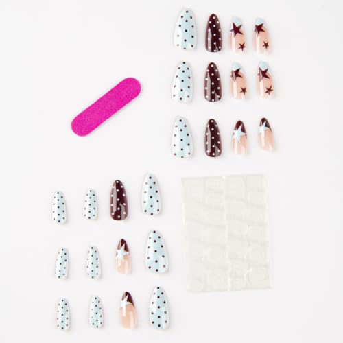 Retro Y2K Star Press On Nails Medium Almond, Blue Burgundy Polka Dot Fake Nails, Reusable False Nails Glossy F Glue On Nails Set for Women,12Sizes-24 Nail Kit — view 4