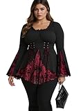 Rosegal - Camiseta 2 en 1 con estampado floral para mujer, talla grande, con volantes, con volantes, mangas largas acampanadas, Negro -, 5X
