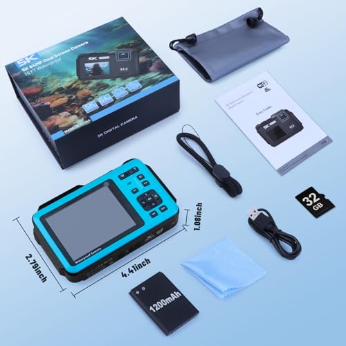 5K Underwater Digital Camera,64MP Waterproof Camera,16FT Floating Camera for Snorkeling,Scuba Diving,Surfing,Swimming & Kayaking,Autofocus,Dual-Screen,16X Zoom,Fill Light,32GB Card,Type-C Rechargeable