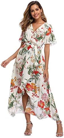 VintageClothing Women's Wrap V Neck Floral Summer Dresses with Sleeve High Low Maxi Casual Flowy Beach Party Dress, XL Off-White