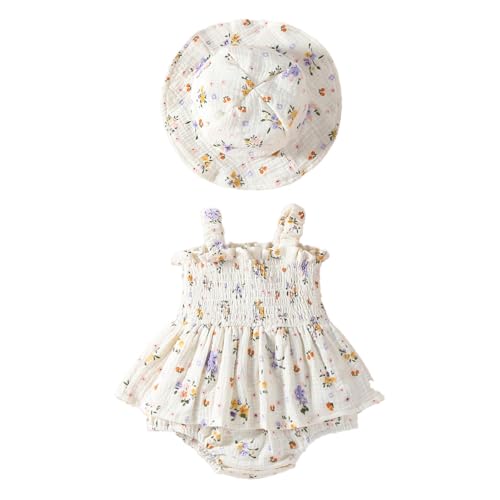 LUVCES Ensemble Robe d'été pour Nouveau-né Fille Tenue sans Manches Smockée à Motifs Floraux Robes et Chapeau Adorable Les Séances Photo Vêtements Imprimé Floral 6-9 Mois
