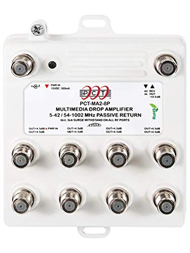 PCT PCT-MA2-8PN 8-Port Bi-Directional Cable TV, OTA, Satellite HDTV Amplifier Splitter Signal Booster with Passive Return and Coax Cable