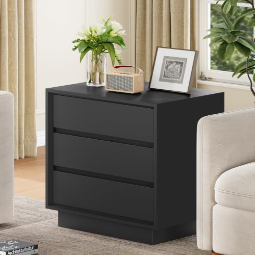 Image of TEENFON Nightstands Set of 2, Night Stand with 3 Drawers, Nightstand Side Table with Cut-Out Handle, Bedside End Table for Bedroom, Black, 17.7″ L x 15.7″ W x 23.6″ H