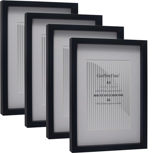Oxford Modern Black A4 Wooden Photo Frame Set of 4 with Mount for A5, Boxed Gallery Picture Frames A4 4Pack With Glass Window for Tabletop or Wallmounted