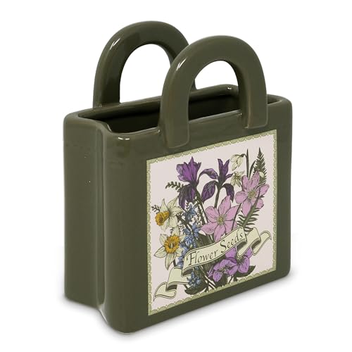 Steel Mill and Co Mini Ceramic Tote Bag Vase, Novelty Wildflower Garden Shop Planter, Unique Desk Pen Holder & Pencil Cup, Small Succulent Pot & Home Decor (Wildflowers)