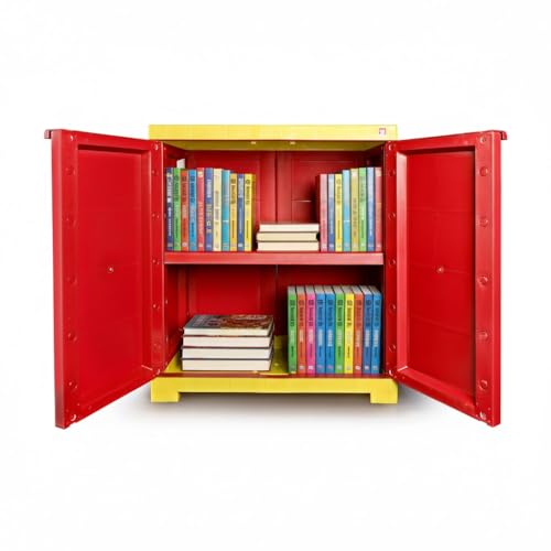 Image of Cello Novelty Compact Bookshelf, Red & Yellow | 2 Dustproof Doors | Space Saving Cupboard | Plastic Book Shelf | Multipurpose Book Shelf for Home, Office | Book Organizer for Library