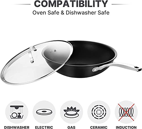 Qstar Hard-Anodized Nonstick Wok Pan With Lid And Stainless Steel Handle, Flat Base Stir-Fry Pan, Dishwasher Safe (12 Inch) #TOP2