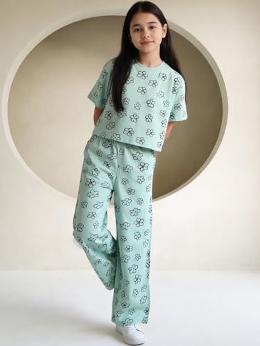 Image of Li'l Tomatoes Girls Cotton Night Suit Set | 100% Cotton Summer Co-Ord Set | Half Sleeve T-Shirt & Full Length Pajama | Soft & Breathable Printed Clothing Set | 9-16 Years