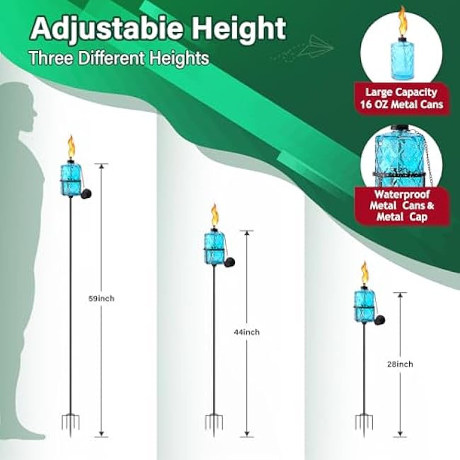 Glass Citronella Torches Set of 4, 12 Oz Outdoor Garden Torch with 5-Prong Grounded Stake, 59 Inch Glass Torch for Home D¨¦cor, Outside Torches for Backyard, Garden, Patio, Blue