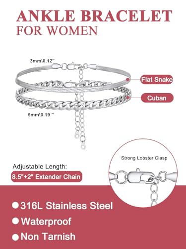 Image of FOCALOOK Anklet Bracelets Set for Women, 14K Gold Plated Waterproof Cuban Link Chain Layered Anklets Set for Plus Size Ankle 8-10.5 Inch Adjustable Summer Beach Jewelry Gift