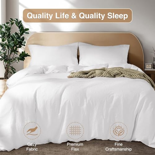 SONORO KATE 100% French Linen Duvet Cover Full Size, Soft Breathable for Hot Sleepers, Moisture Wicking & Durable Cover Set - Zipper Closure & 4 Corner Ties Duvet Covers 3 Piece (White,Full)