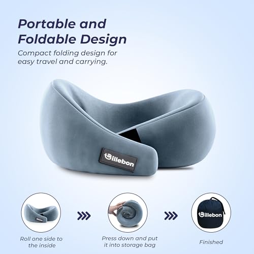 Image of Billebon Gel Infused Memory Foam Neck Pillow, Travel Pillow with Adjustable Velcro Straps, Neck Pillow for Travelling & Flight Travel, Ergonomic Support for Comfort & Pain Relief(Grey Combo)