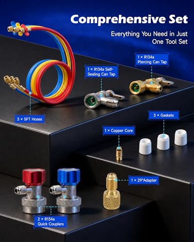 Image of Orion Motor Tech AC Gauge Set, 3-Way AC Manifold Gauge Set for R12 R134a R502 R22 Refrigerant with 5 ft. Hoses, Automotive A /C Gauge with R134a Couplers Self-Sealing & Piercing Can Taps 29 Adapter