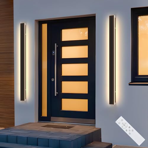 Image of Modern Outdoor Wall Light, 47.3Inch Black LED Dimmable IP65 Waterproof with Remote Outdoor Linear Wall Sconces Exterior Lighting Fixture Porch Wall Light for House, Front Door, Garage