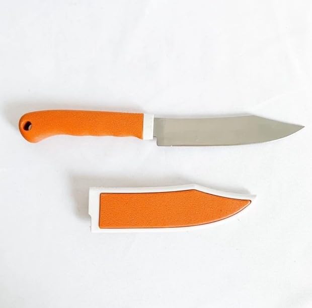 Faca Multiuso Inox com Bainha – Cabo Laranja Ergonômico e Corte Preciso Pesca Viagem Camping Cozinha