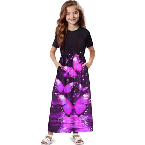 Girl's Short Sleeve Long Dress Loose Casual Maxi Dresses with Pockets CEW Neck A-Line Dress for 5-14 Years