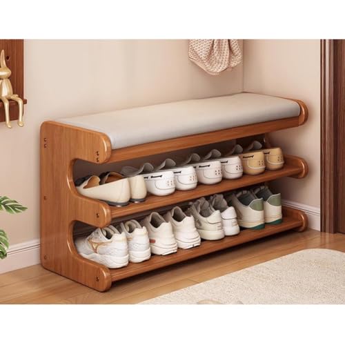 素朴な竹製玄関シューズベンチ オープンシェルフ付き布張り収納ベンチ 多目的リビングルームオットマン シューズラック 廊下、玄関ホール用(グレー,80x29x40cm)