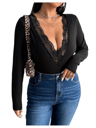 SOLY HUX Women's Plus Size Contrast Lace Deep V Neck T Shirt Long Sleeve Slim Fit Tee Top
