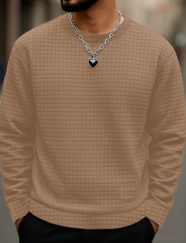 Image of KAJARU Quilted Pattern Long Sleeve Sweatshirt, Round Neck, Men's Casual Pullover, Grey, Black, Beige