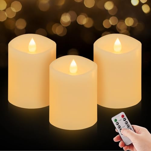 ASLDOIWEH 3x4 Flickering Flameless Candles Set of 3, 2AA Battery Life 600 Hours Battery Candles Flickering with Timer,4 inch Flameless Candles with Remote for Indoor/Outdoor, Ivory