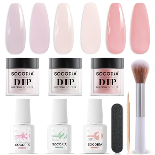 SOCORIA Dip Powder Nail Kit, Light Red Light Purple Skin Color Dipping Powder Liquid Set All Seasons with Base Top Coat and Activator for Nail Art Manicure Salon DIY at Home 9 Pcs