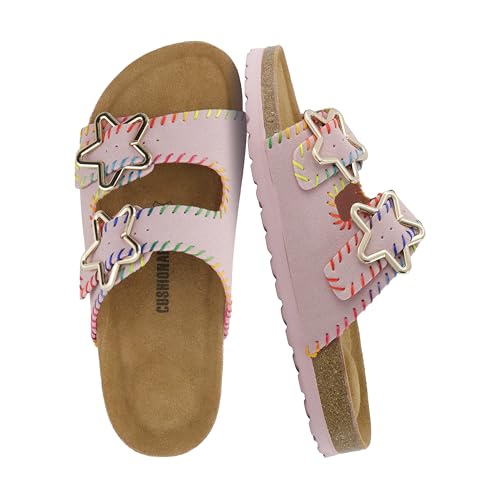 Image of CUSHIONAIRE Lily Girl Toddler Sandals with Adjustable Gold Tone Star Buckles and Cushioned Cork Footbed Slip On Girls Slides for Kids